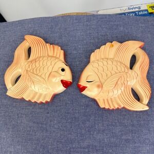 Miller Studio Kissing Fish Vtg Chalkware Set 2‎ MCM Kitsch **FLAWED READ